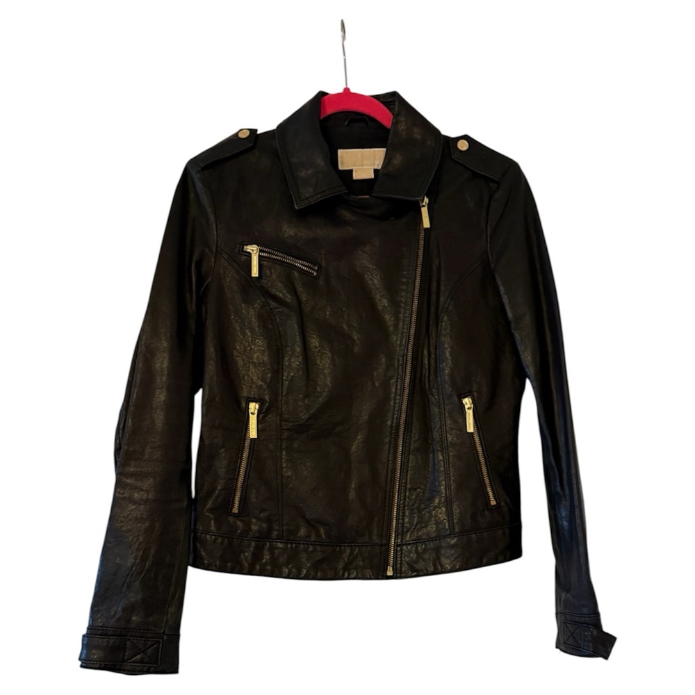 Michael Kors Black Leather Moto Jacket with Gold Hardware